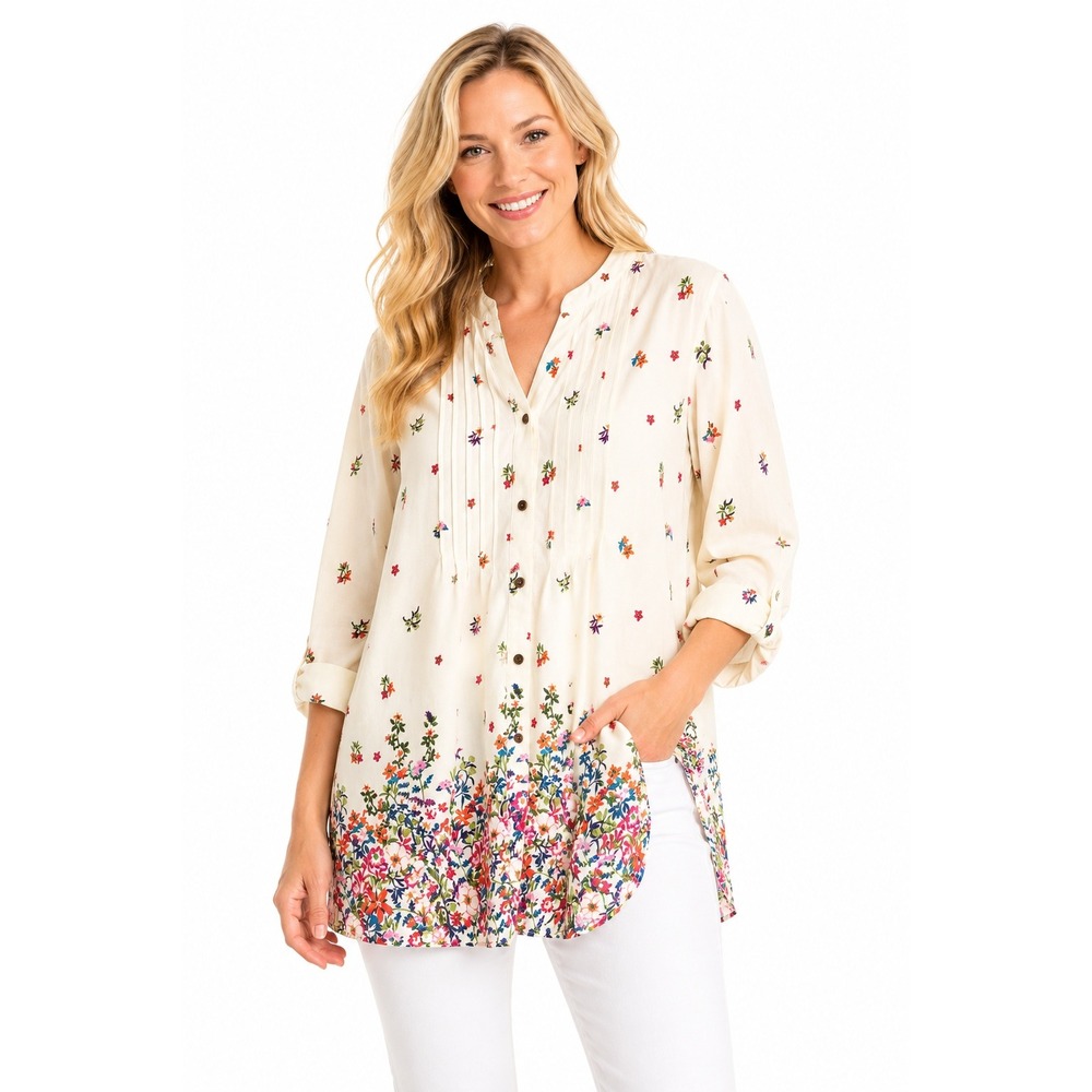 Vermont Country Store Tunic Women 2X White Floral Pintuck Cotton Button Up Shirt